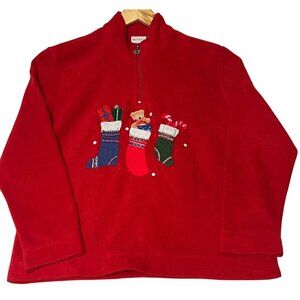 White Stag Women Large Red Christmas Fleece Pullover With Stocking Embroidery 1/